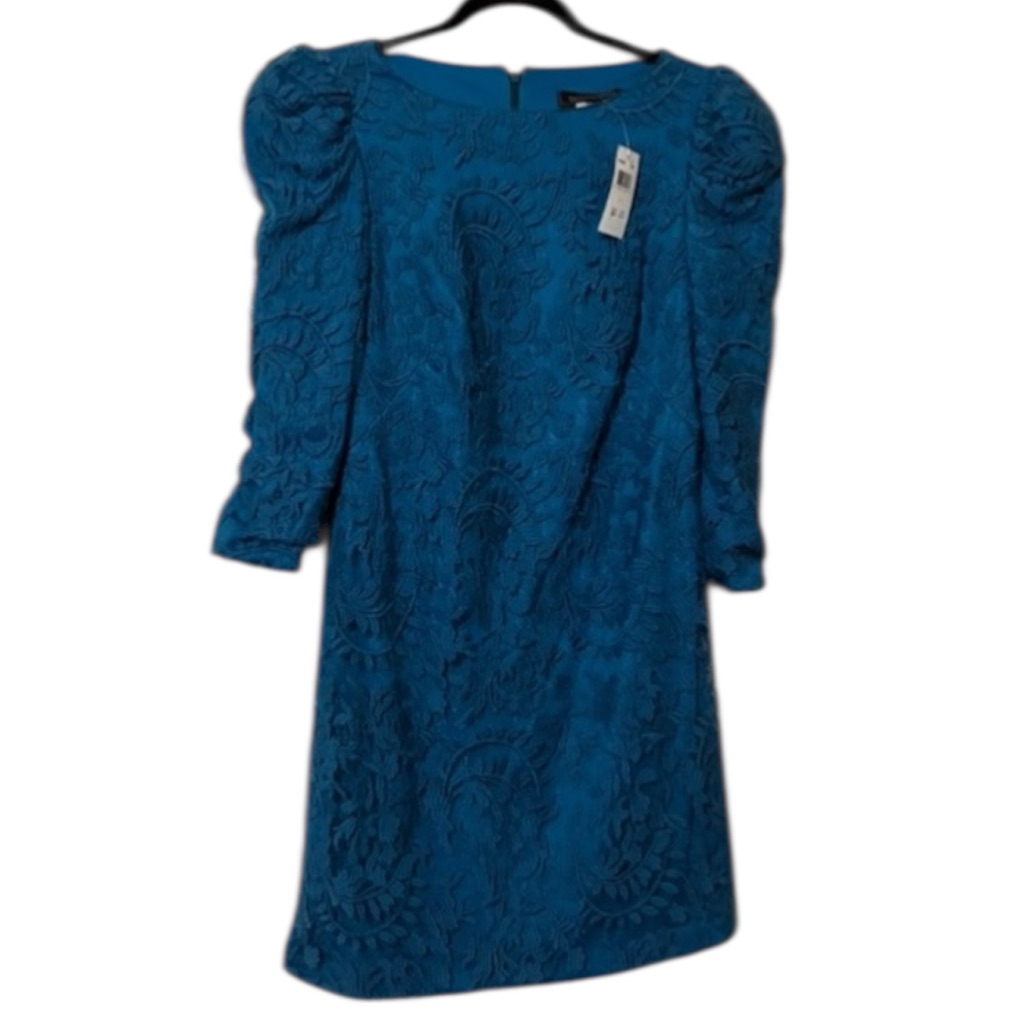 Nwt Tadashi Shoji Teal Blue Lace Dress With Puff Sleeves Size 4